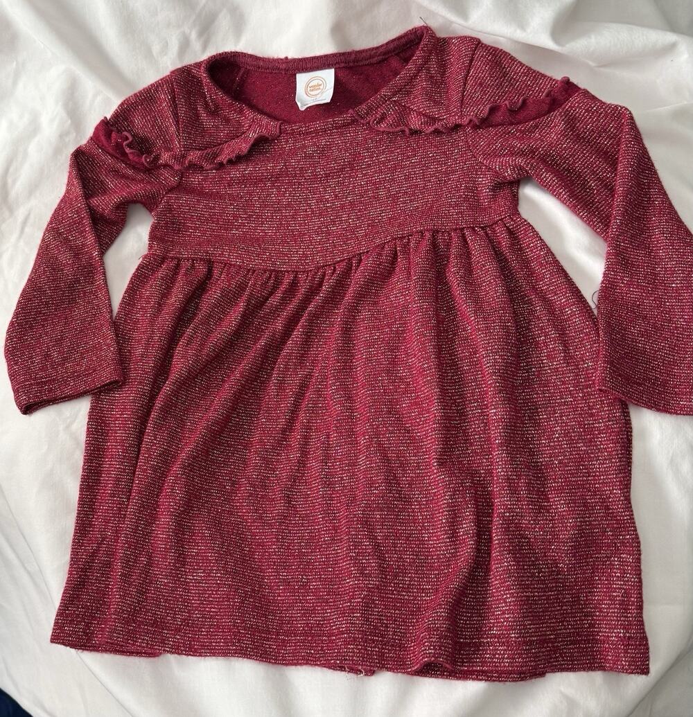 Wonder Nation 2T Maroon Stretch L/S Dress Sparkly Metallic Gold Thread Ruffles